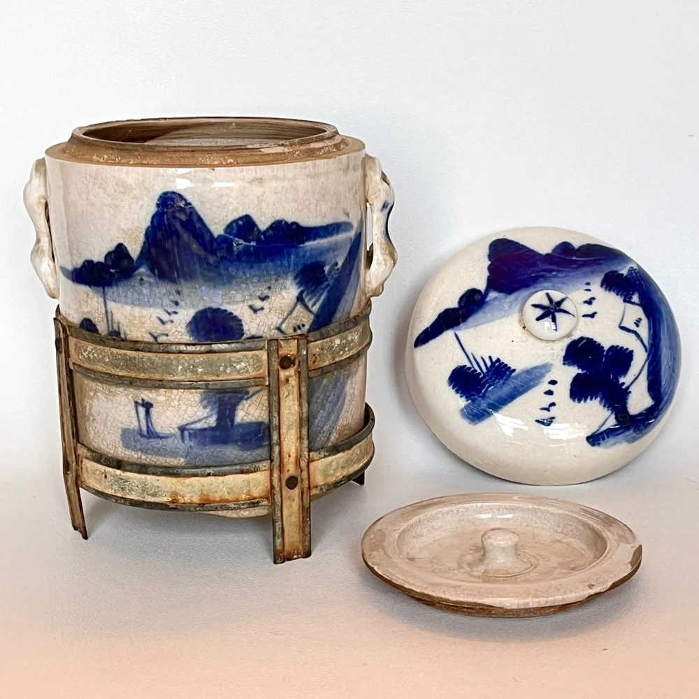 Chinese Tea Caddy Porcelain Canister Double Lid Herb Infuser Apothecary Jar